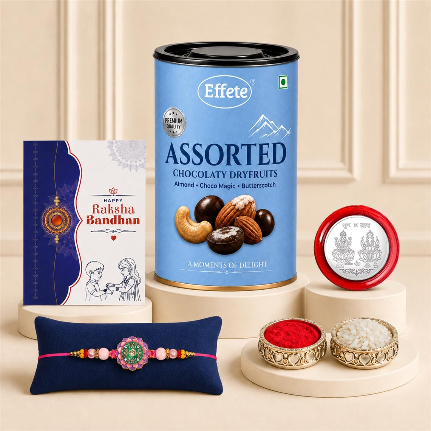 Round Floral Lotus Rakhi for Brother with Choco Dryfruits 96gm, Pack of 5