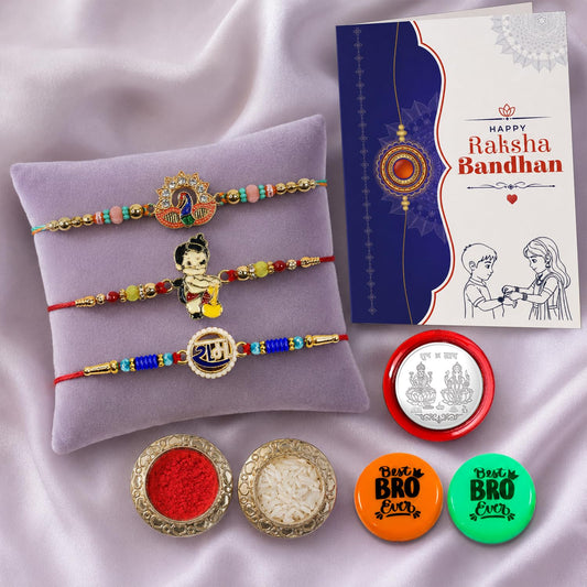 Raksha Bandhan rakhi combo featuring Peacock and Om motifs with decorative magnets.