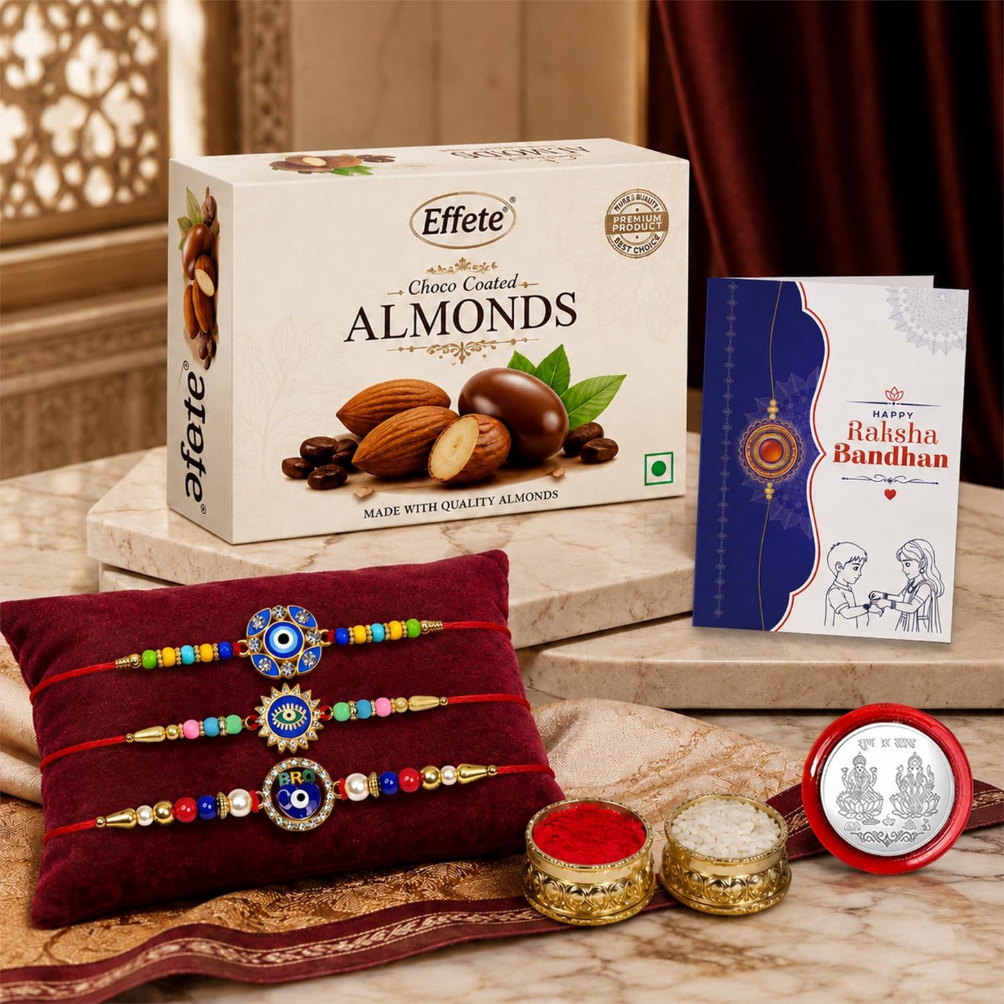 Evil Eye Rakhi Combo - Raksha Bandhan Gift with Choco Almonds 32gm, Pack of 7 | Rakhi Gift