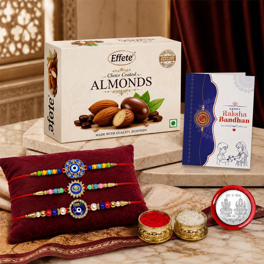 Evil Eye Rakhi Combo - Raksha Bandhan Gift with Choco Almonds 32gm, Pack of 7 | Rakhi Gift