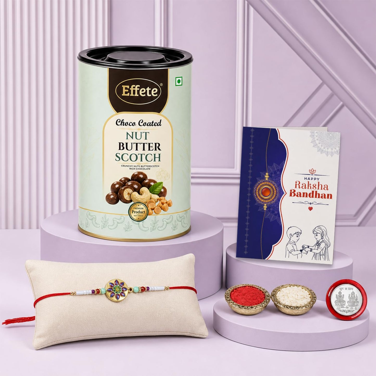 Floral Rakhi for Brother with Butter Scotch 96gm, Roli Tikka & Card, Pack of 5
