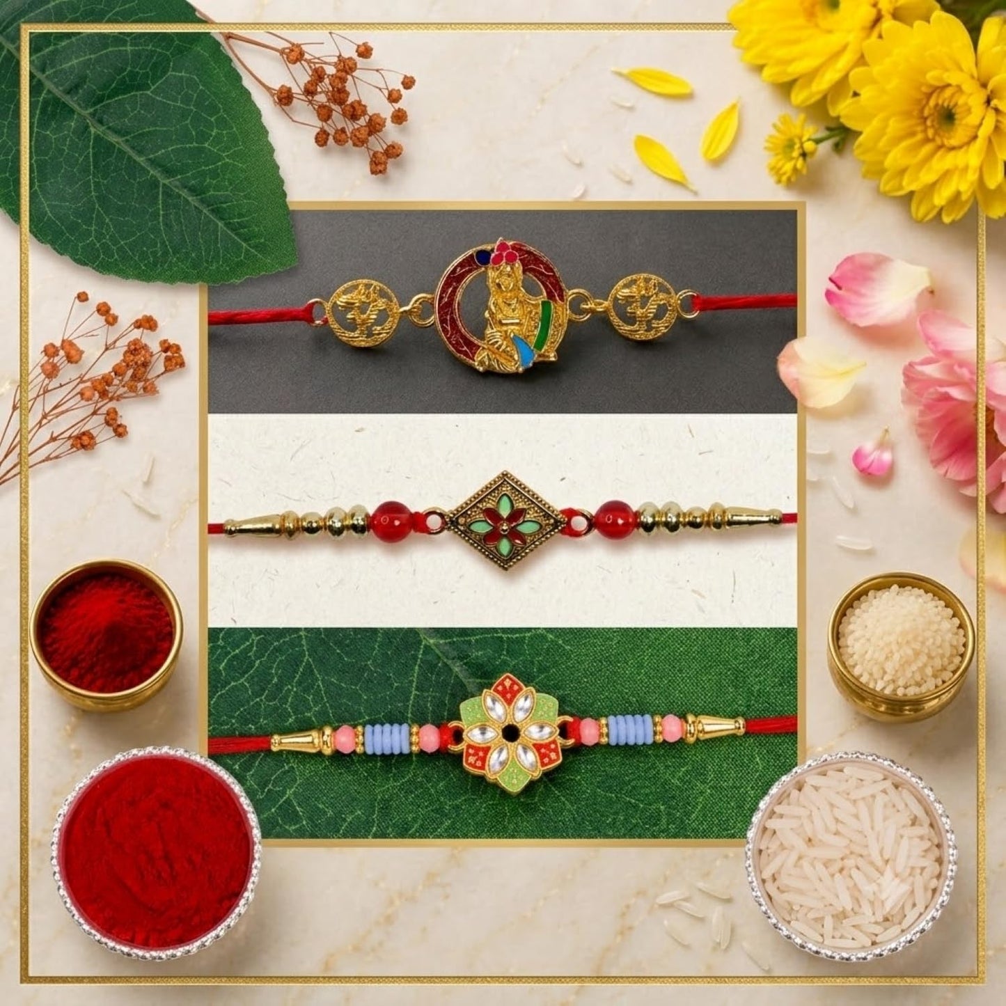 Flower Rakhi for Brother with Chocolate Magic 96gm, Roli Tikka & Card, Pack of 7