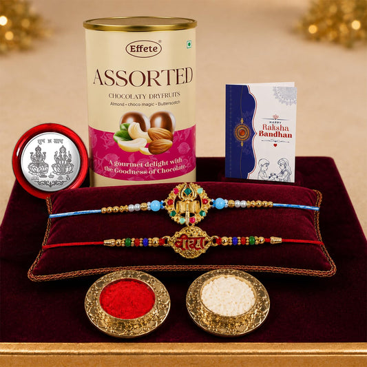 Rakhi Combo for Brother with Om multicolor rakhi chocolate roli chawal and silver coin.