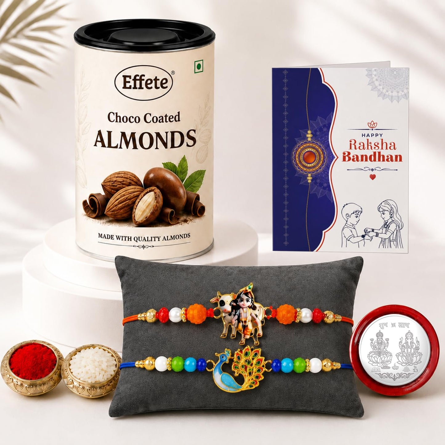 Krishna Cow Charm Rakhi for Brother with Chocolate Almonds 96gm, Pack of 6