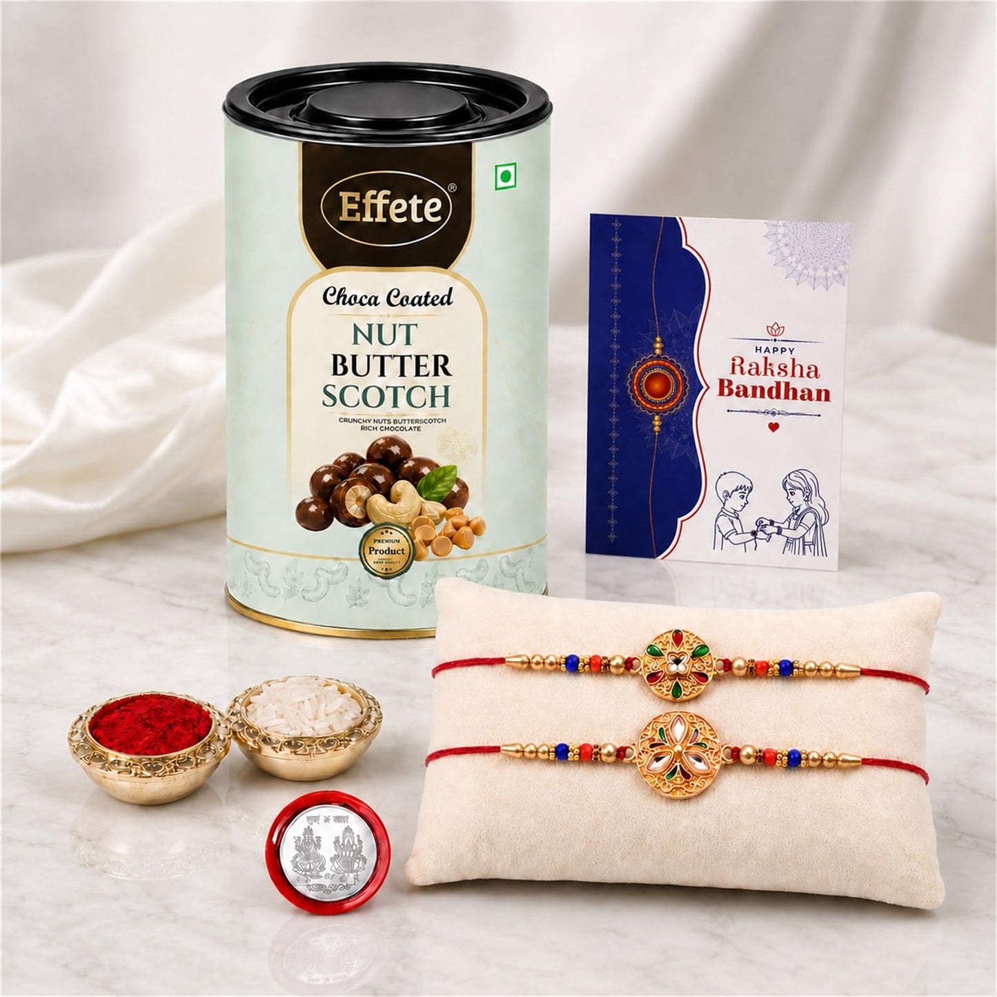 Designer Rakhi for Brother with Butter Scotch 96gm, Roli Tikka & Card, Pack of 6