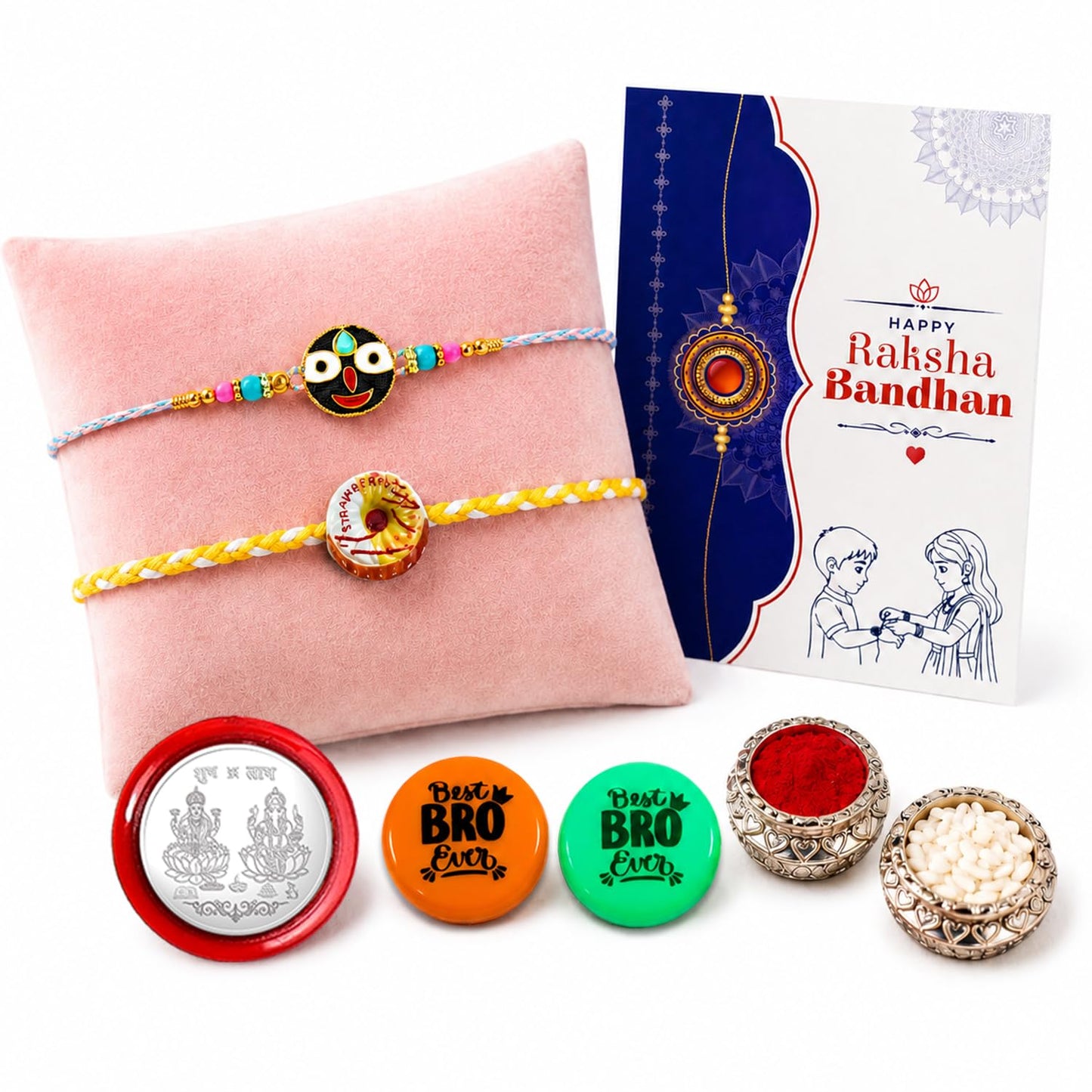 Rakhi with Fridge Magnet for Brother (Set of 7) – Raksha Bandhan Celebrations Combo with Jagannath & Food Design Rakhi, 2 Pc Fridge Magnets, Greeting Card, Roli Chawal & Silver Color Coin