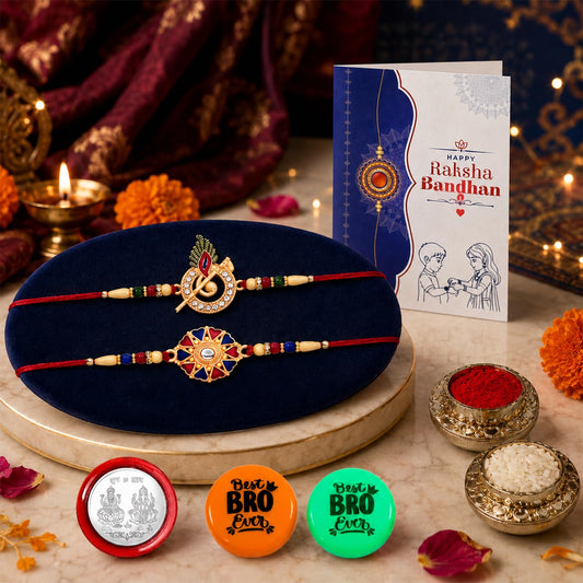 Rakhi set for brother featuring a flute and flower design rakhi with traditional components for Raksha Bandhan.