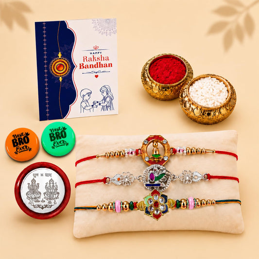 Multicolor Kundan floral Rakhi combo set with decorative magnets and puja essentials.
