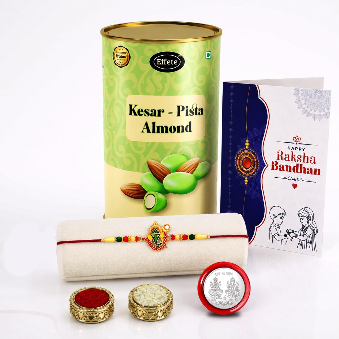 Ganesha Multicolor Rakhi – Kesar-Pista Almond Raksha Bandhan Gift Combo (Pack of 5)