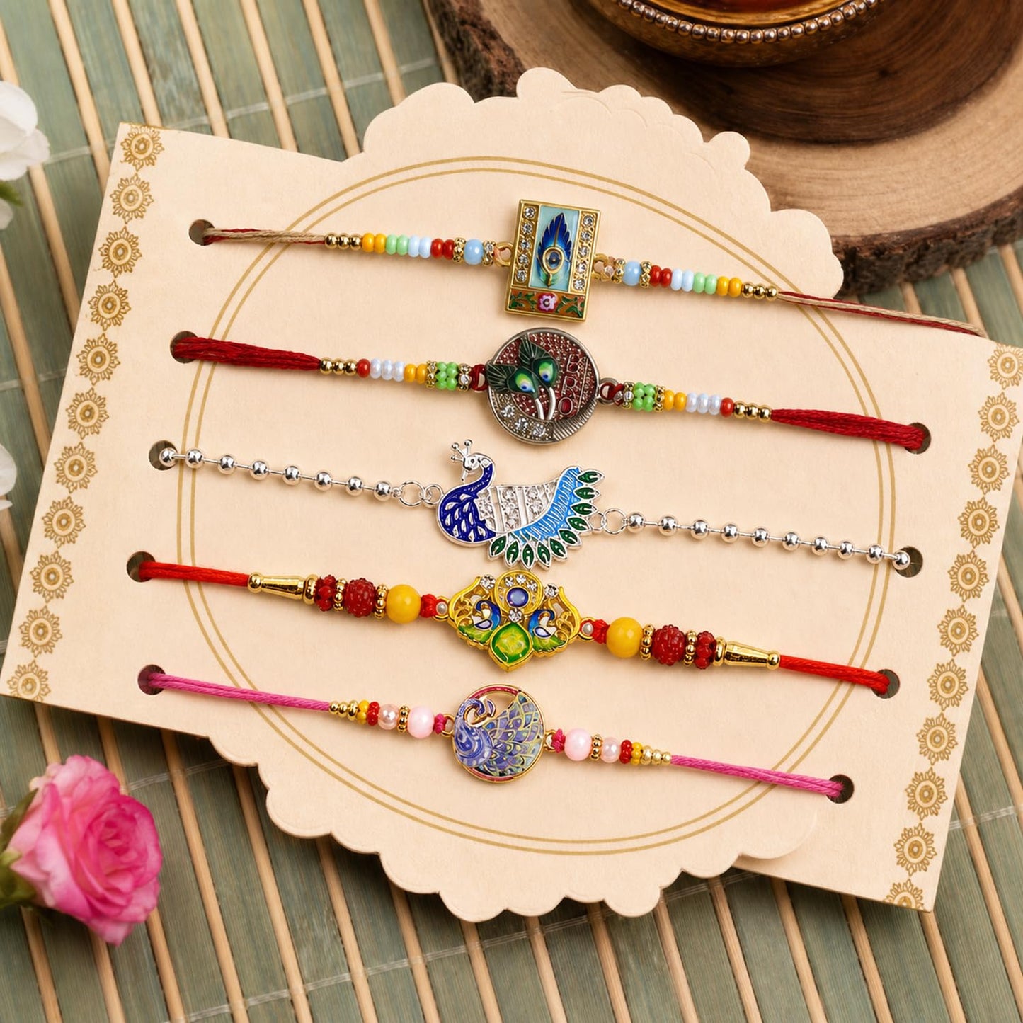 Designer Beautiful Rakhi for Brother with Roli Tikka & Greeting Card, Pack of 8