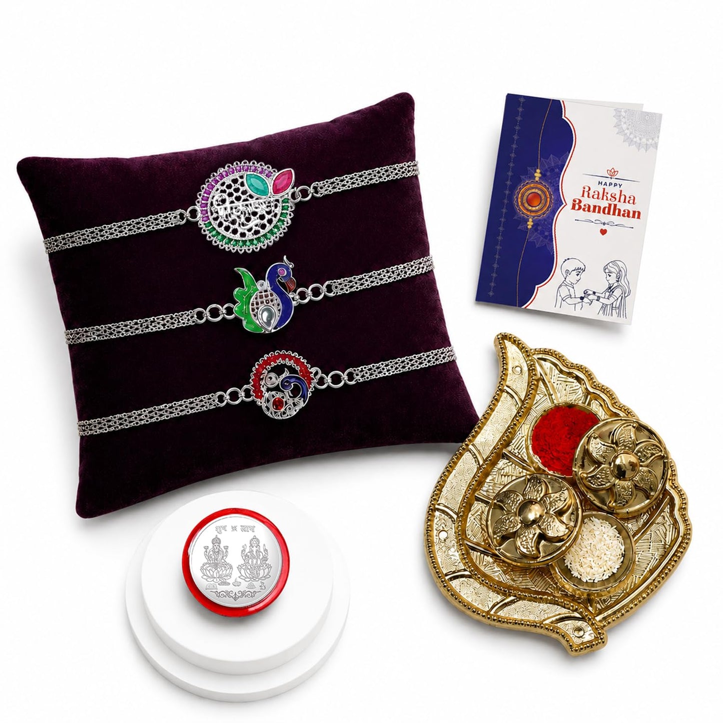 Krishna Silver Rakhi for Brother with Pooja Thali, Roli Tikka & Card, Pack of 7