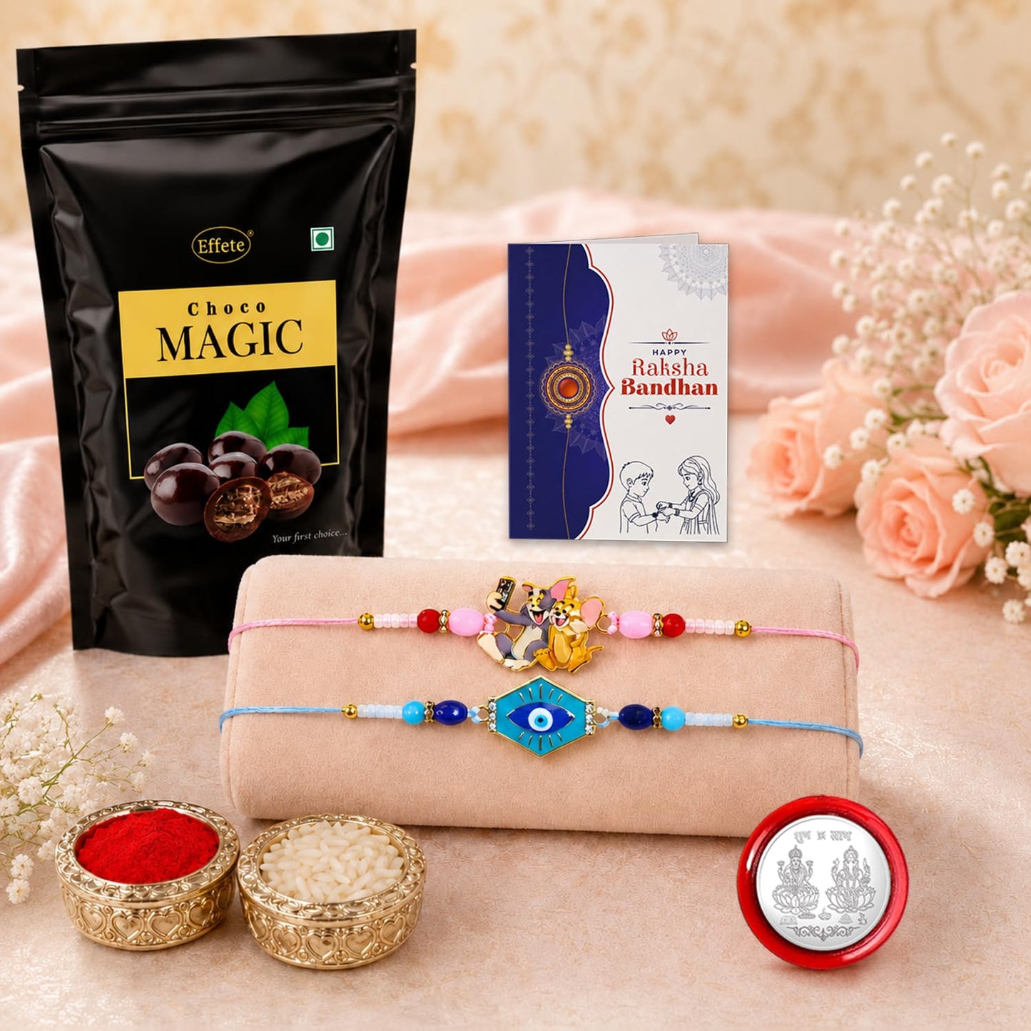Evil Eye Rakhi Combo - Raksha Bandhan Gift with Choco Magic Standy Pouch, Pack of 6