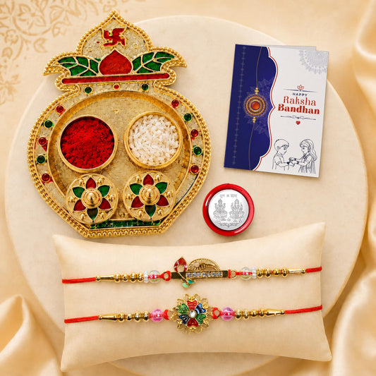Floral, Peacock Rakhi Combo - Raksha Bandhan Gift with Kalash Shape Pooja Thali, Pack of 6