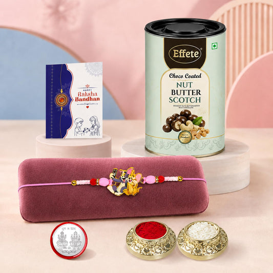 Tom & Jerry Rakhi Combo with chocolate and traditional Raksha Bandhan essentials