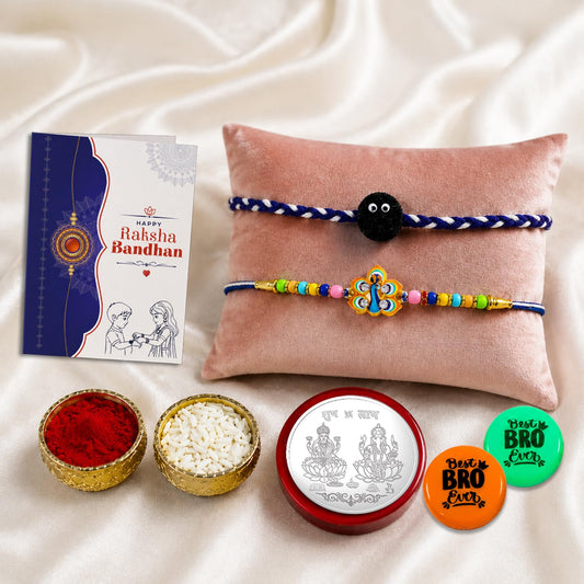 Peacock design Rakhi gift combo for brother with magnets and traditional accessories.