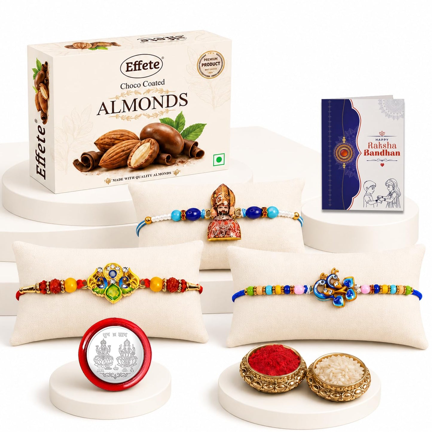 Khatu Shyam, Trishul Rakhi Combo - Raksha Bandhan Gift with Choco Almonds 32gm, Pack of 7