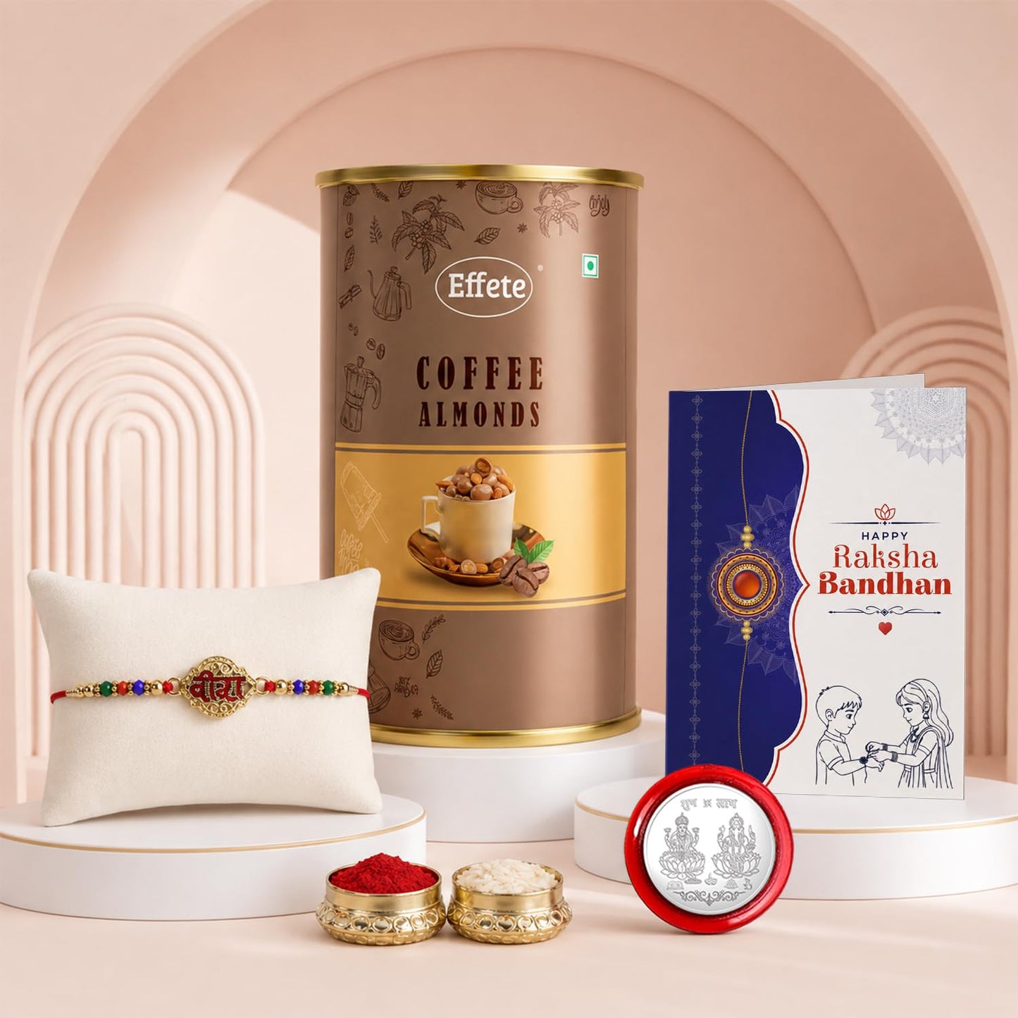 Veera Multicolor Rakhi & Coffee Almond 96gm with Roli Chawal, Silver Color Pooja Coin & Greeting Card, Rakshbandhan Combo, Rakhi & Chocolate, Pack of 5 For Raksha Bandhan