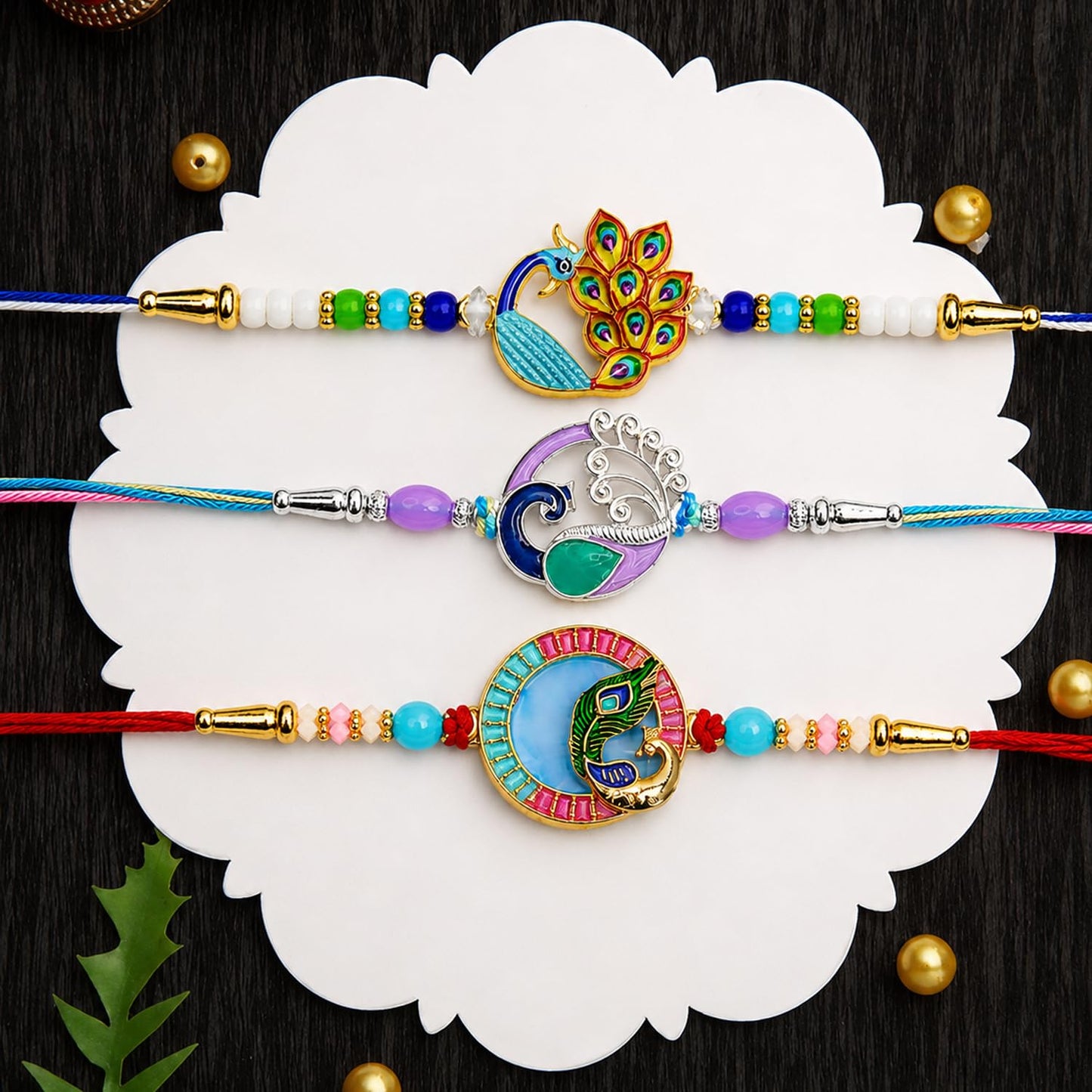 Designer Ethnic Multicolor Peacock Rakhi for Brother with Roli Tikka, Pack of 6