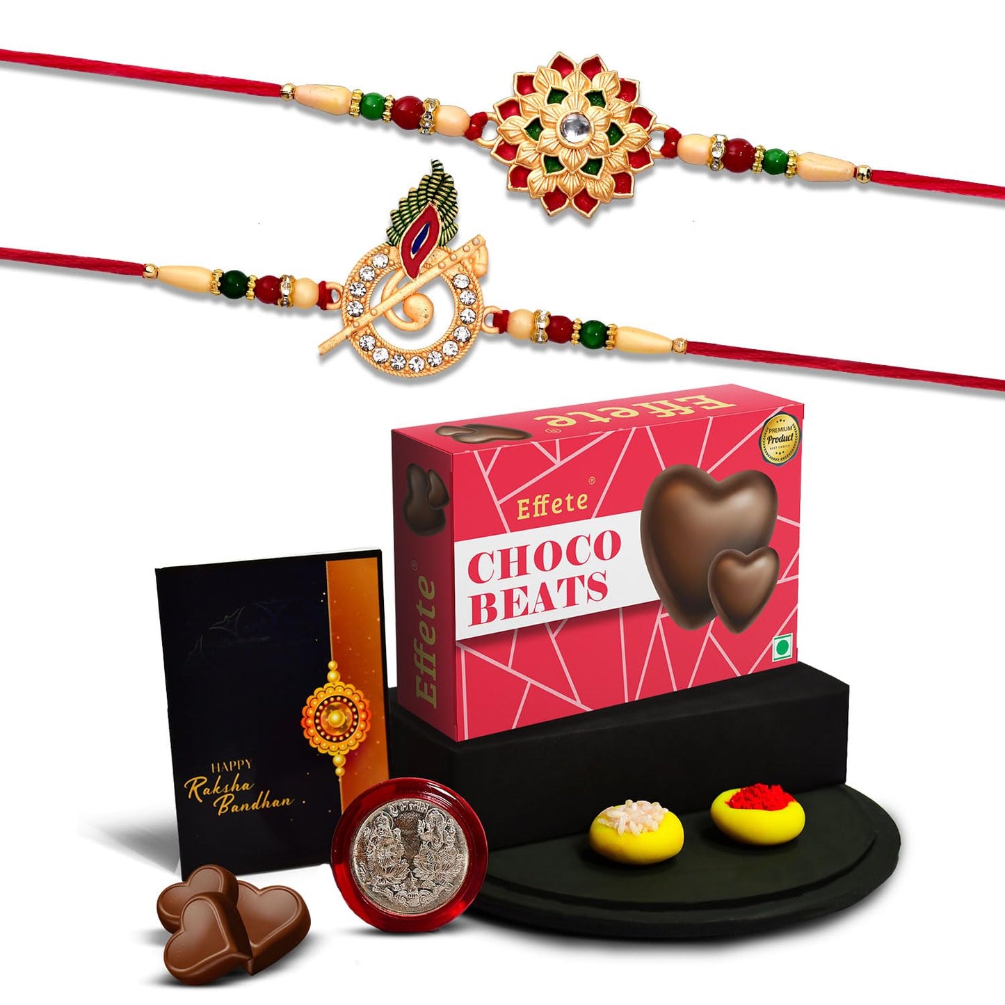 Close-up of premium designer rakhi with Krishna flute motif and floral embellishments