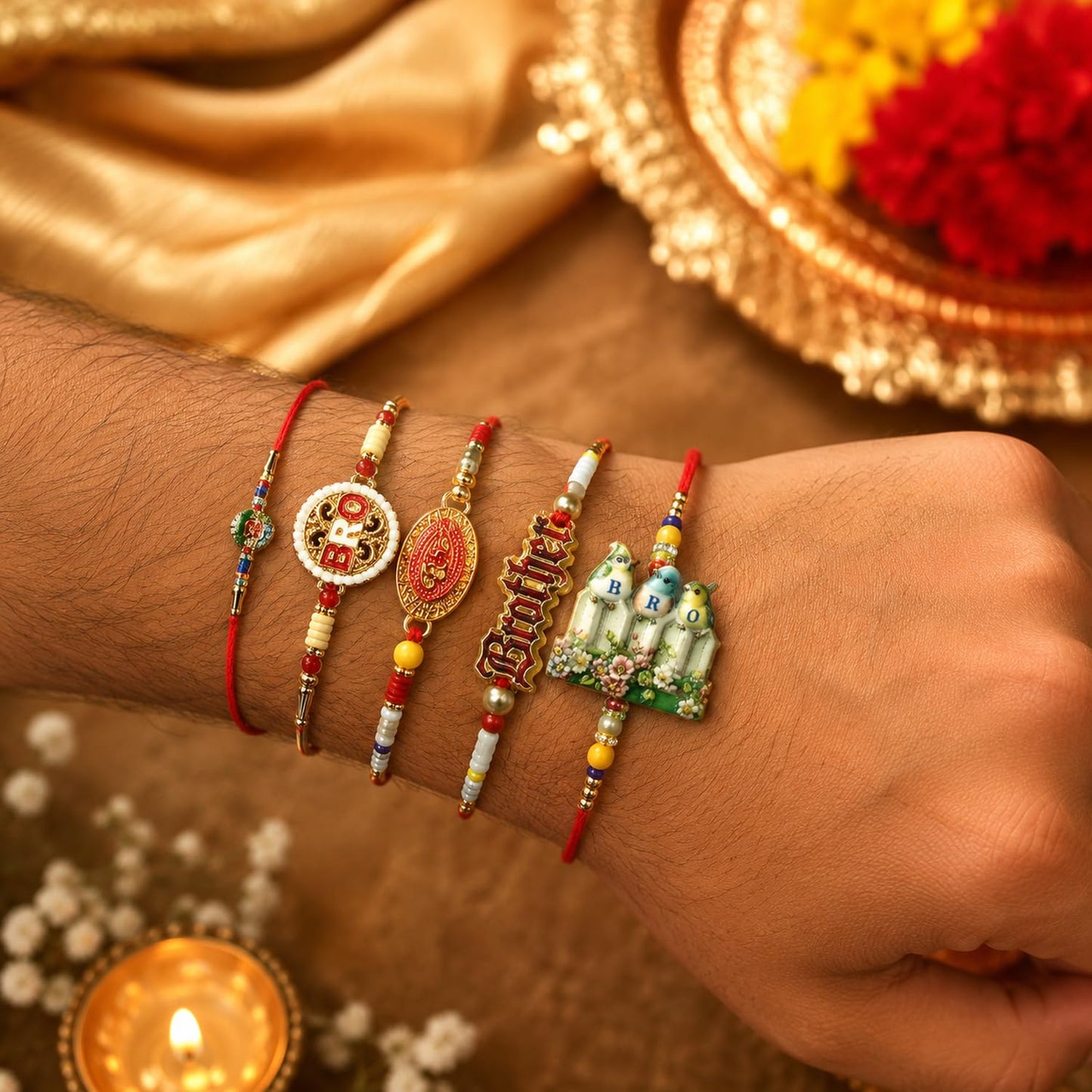 Handcrafted Splendid Rakhi for Brother with Roli Tikka & Greeting Card, Pack of 8