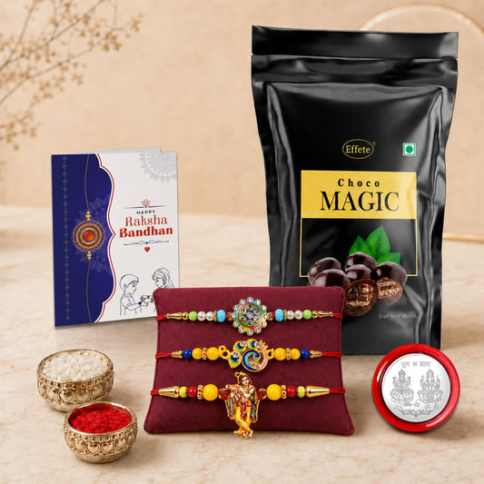 Krishna, Bird Rakhi Combo - Raksha Bandhan Gift with Choco Magic Standy Pouch, Pack of 7