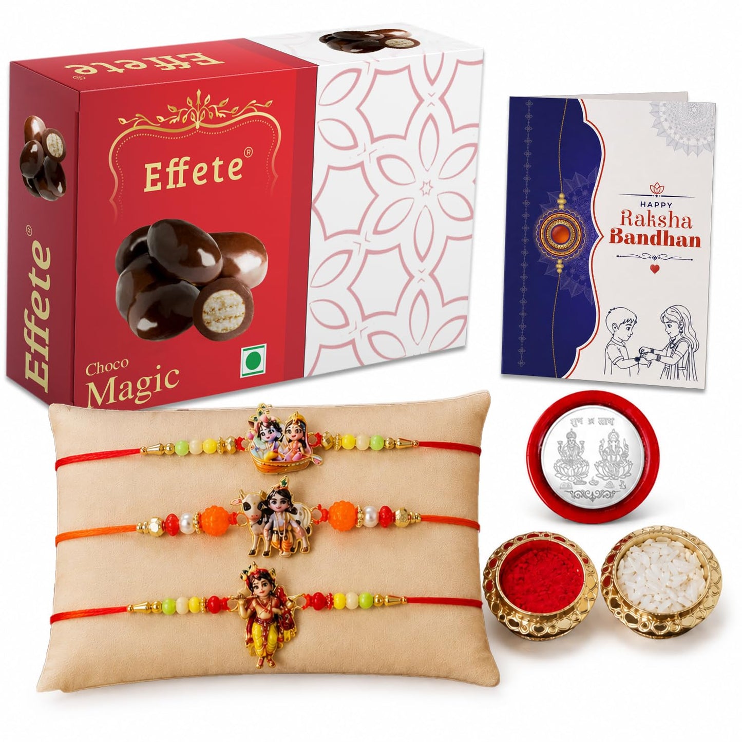 Krishna Rakhi for Brother with Chocolate Magic 32gm, Roli Tikka & Card, Pack of 7