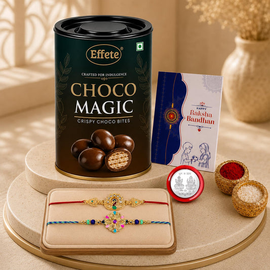 Peacock Rakhi for Brother with Choco Magic 96gm, Coin & Card, Pack of 6 | Classic