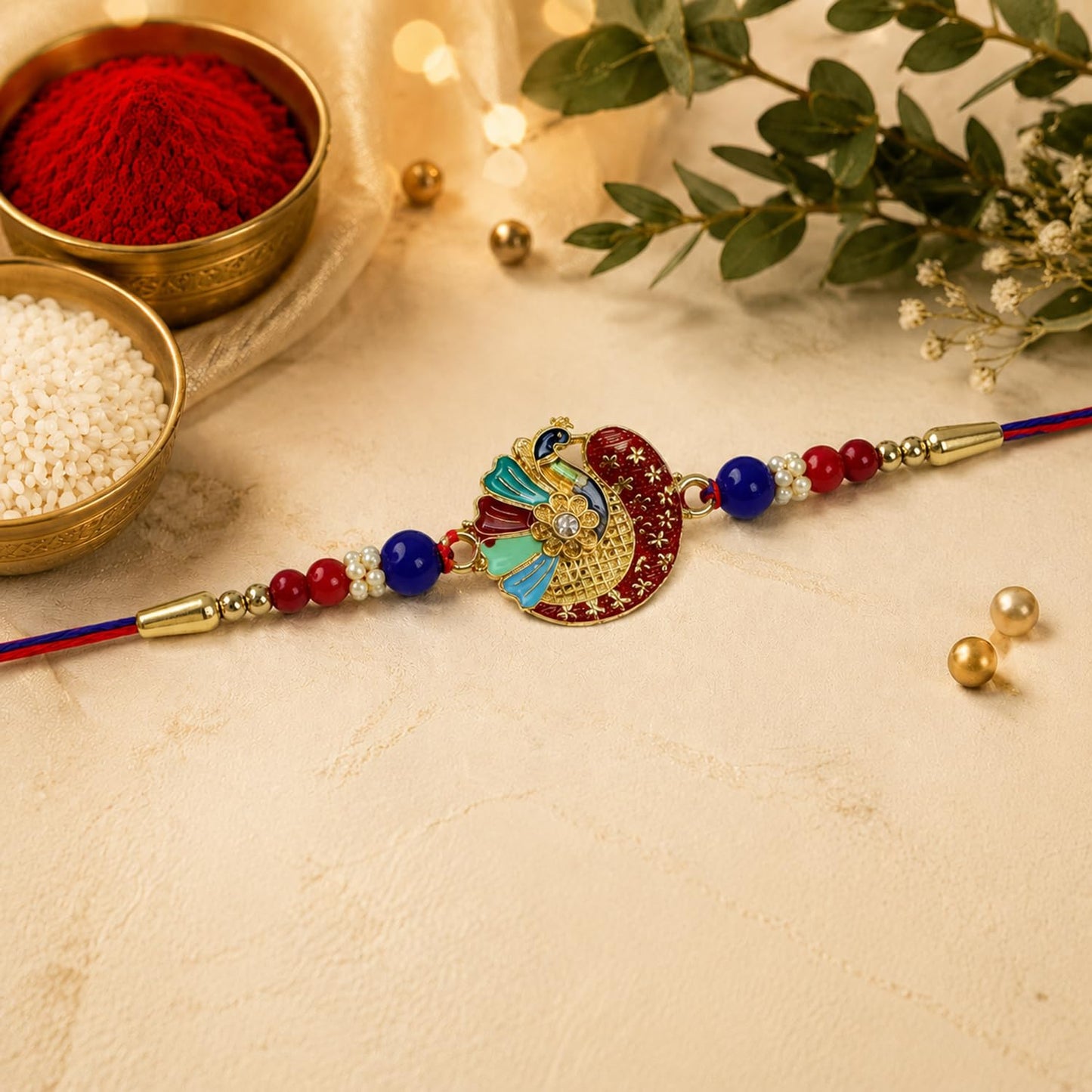 Rakhi with Chocolate for Brother (Set of 6) – Raksha Bandhan Festival Celebration Combo with Multicolor Peacock Design Rakhi 2 Pc, Chocolate, Roli Chawal, Silver Color Coin & Greeting Card