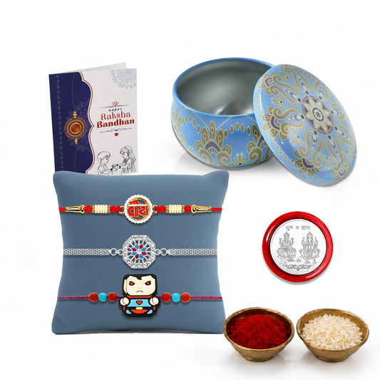 Superhero Rakhi Combo with heart-shape organizer and festive essentials.
