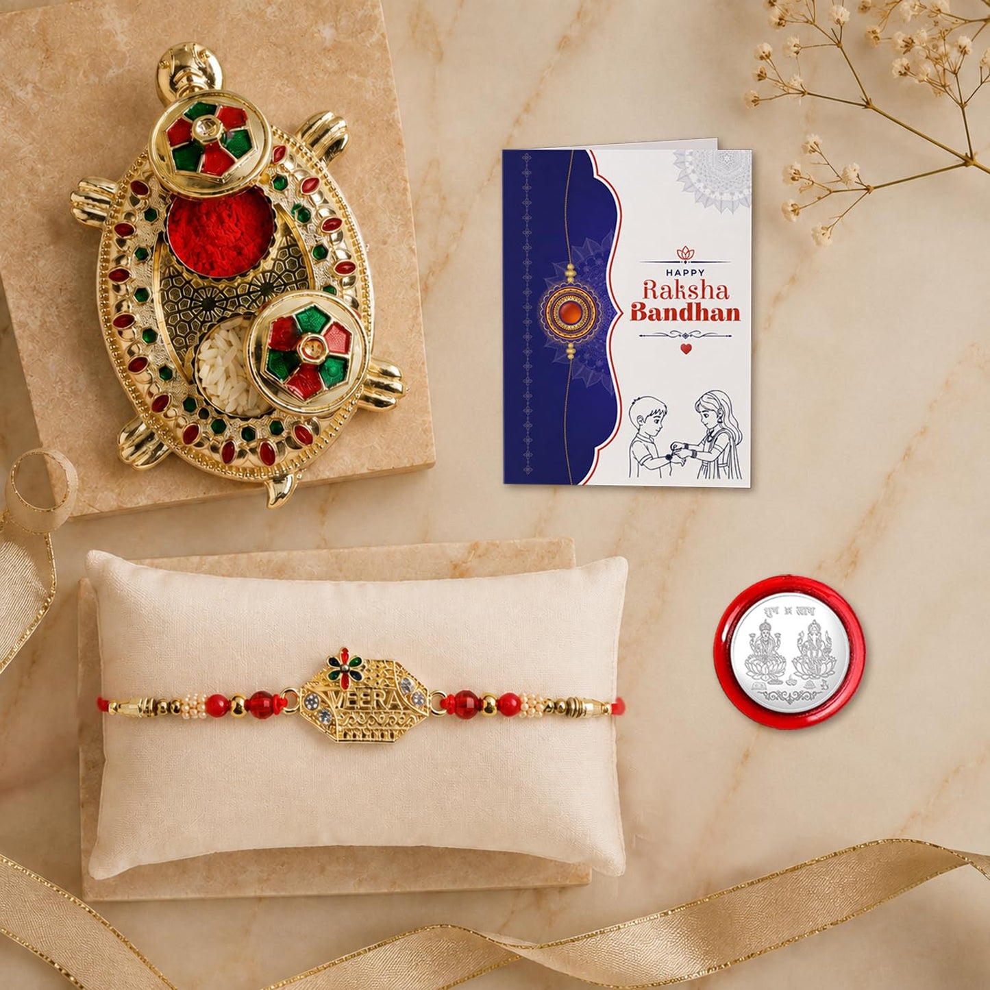 Multicolor Veera Bracelet/Rakhi & Turtle shape Pooja Thali with Silver Color Pooja Coin, Tikka/Tilak Set & Greeting Card, Rakhi Gift Hamper (Pack of 5) For Raksha Bandhan