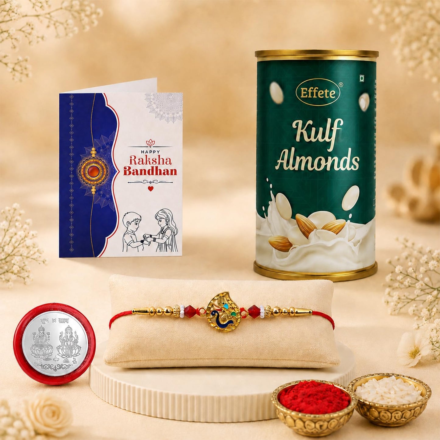 Peacock Rakhi for Brother with Kulfi Almonds 96gm, Roli Tikka & Card | Pack of 5
