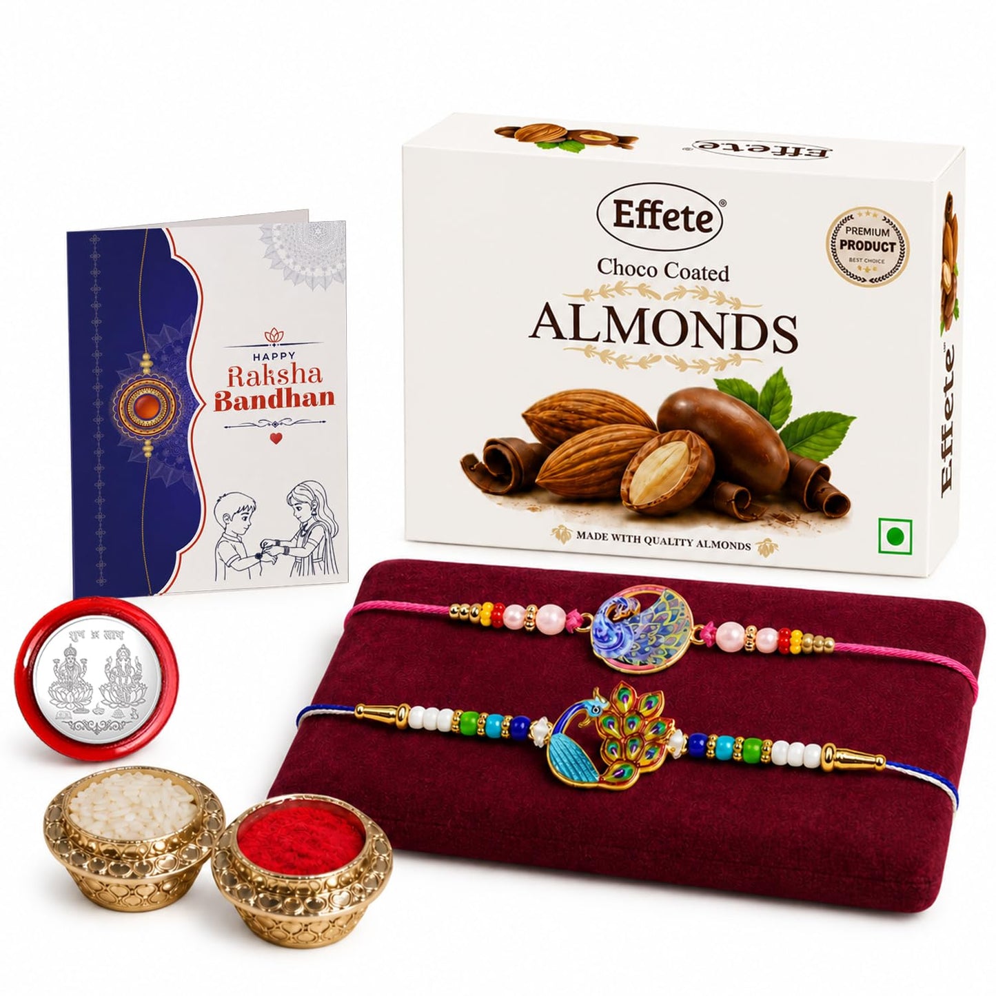 Peacock Rakhi Combo - Raksha Bandhan Gift with Choco Almonds 32gm, Pack of 6 | Rakhi Gift