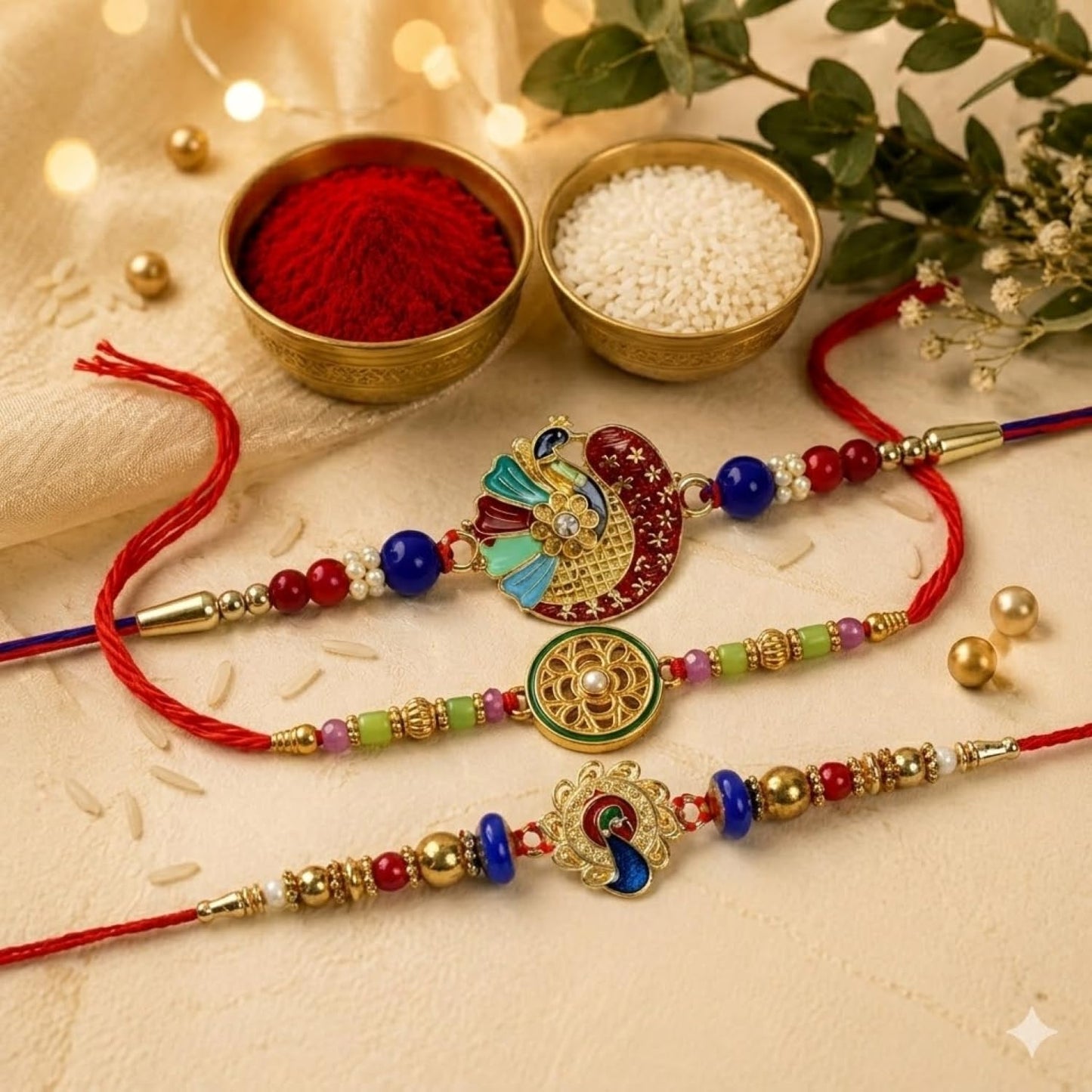 Floral Motif Rakhi for Brother with Chocolate Magic 96gm, Coin & Card, Pack of 7
