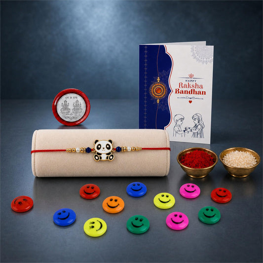 Colourful Kids Rakhi gift combo with a decorative rakhi, roli chawal, pooja coin, and greeting card.