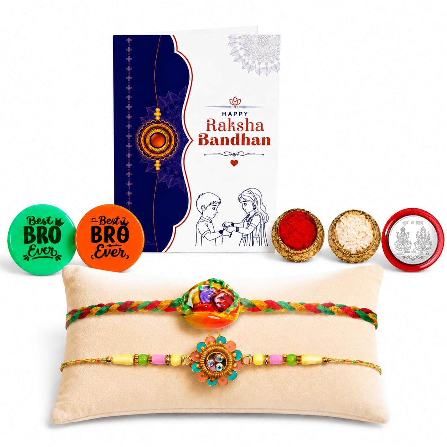 Multicolor Rakhi Sweet, Flower & Multicolour Decorative Magnets 2pcs with Roli