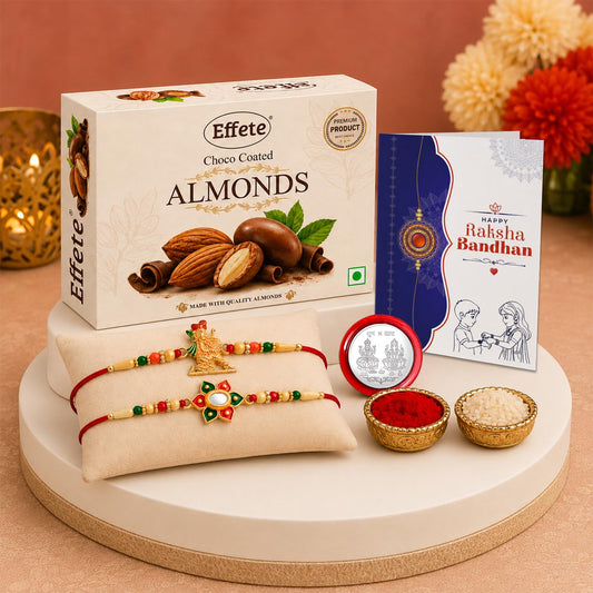 Close-up of the Ganesha Rakhi and chocolate almonds in the Raksha Bandhan Gift Combo.