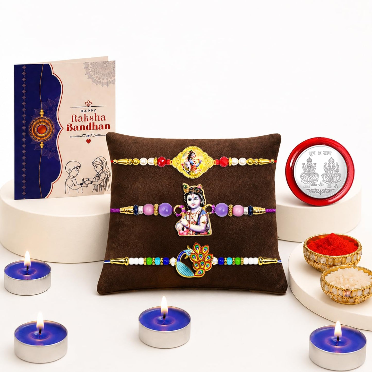 Krishna Rakhi for Brother with Candles 4pcs, Roli Tikka & Card, Pack of 7