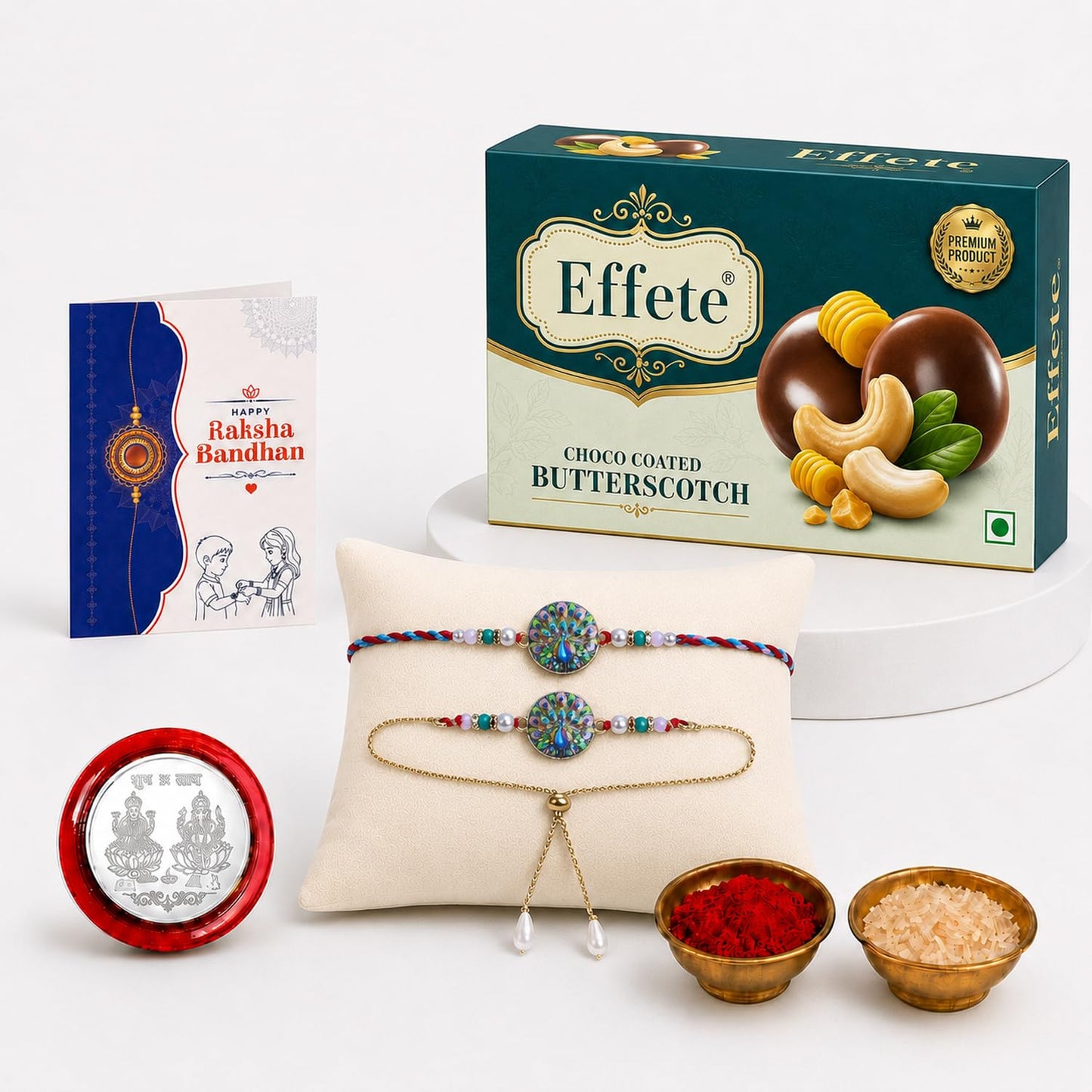 Designer Rakhi for Brother with Chocolate Butter Scotch 32gm, Pack of 5 | Vibrant