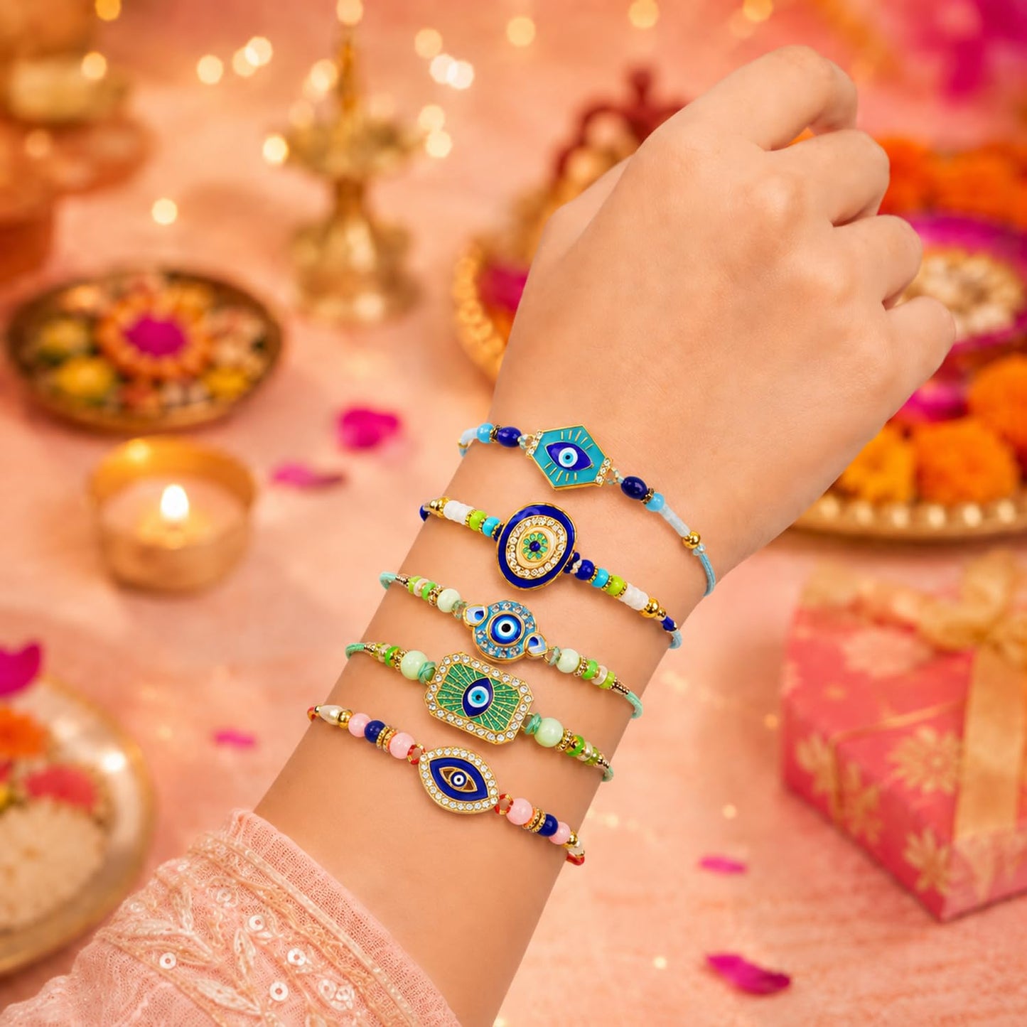 Designer Ethnic Rakhi for Brother with Roli Tikka, Pooja Coin & Card, Pack of 8