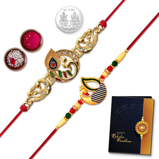 Multicolor rakhi combo set including silver pooja coin and greeting card