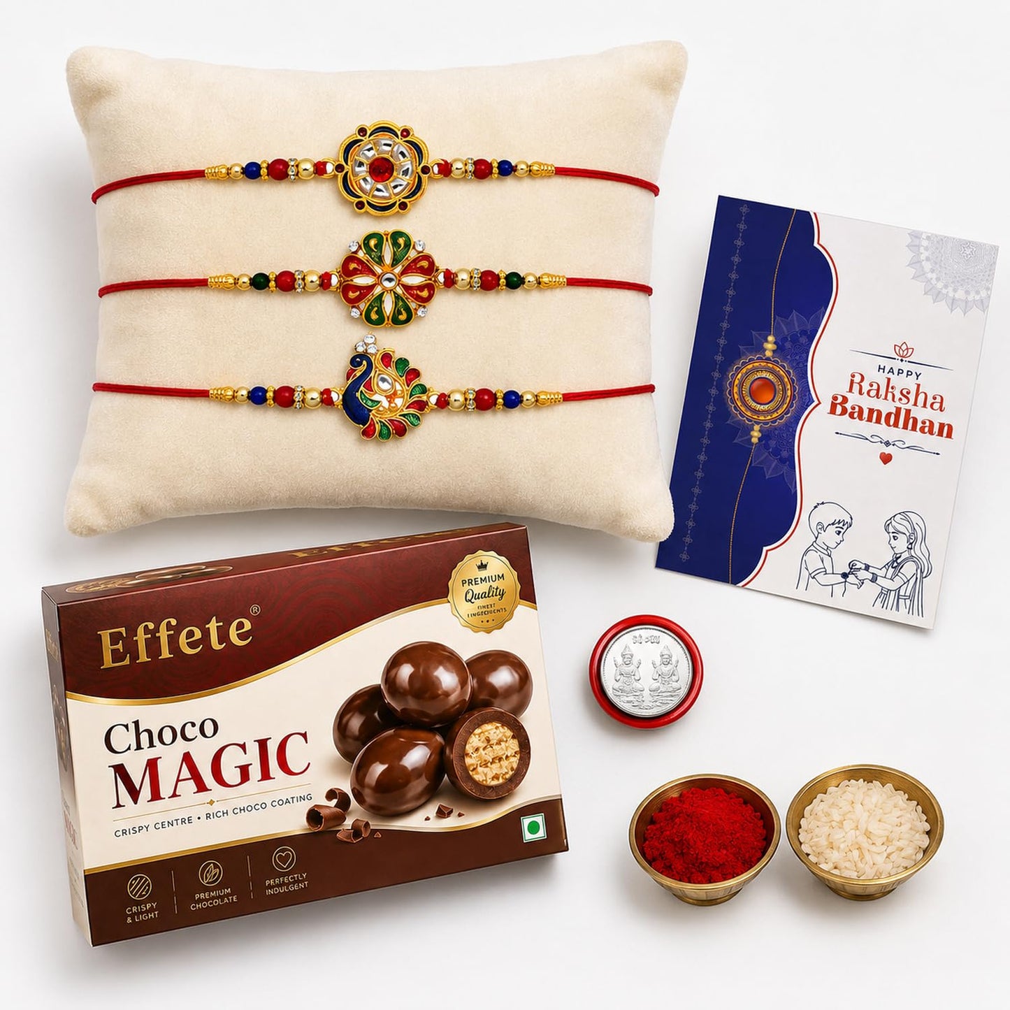 DeoDap Peacock Rakhi for Brother with Choco Magic 32gm, Roli Chawal & Card, Pack of 3
