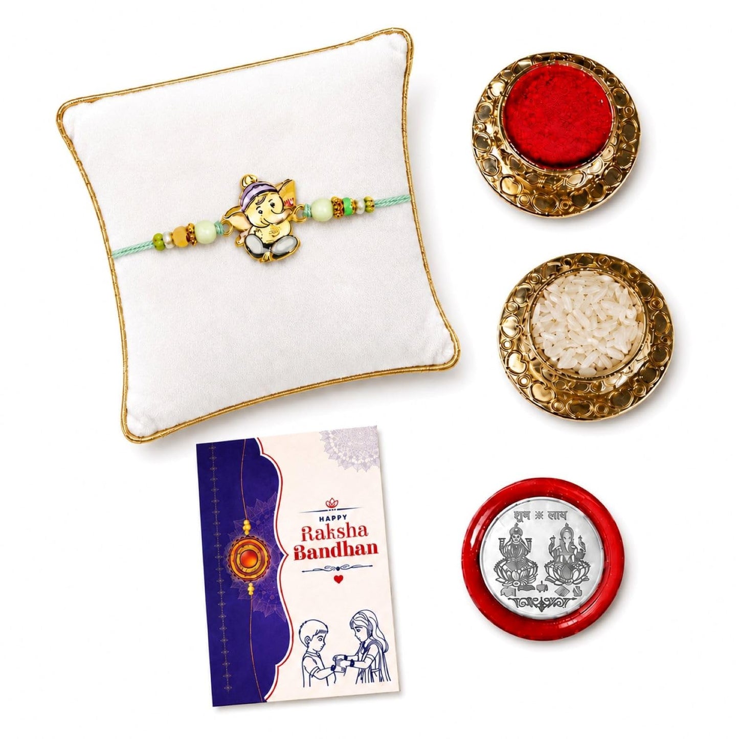 Krishna Beads Rakhi for Brother with Tilak Set, Pooja Coin & Card, Rakhi Set (V2)