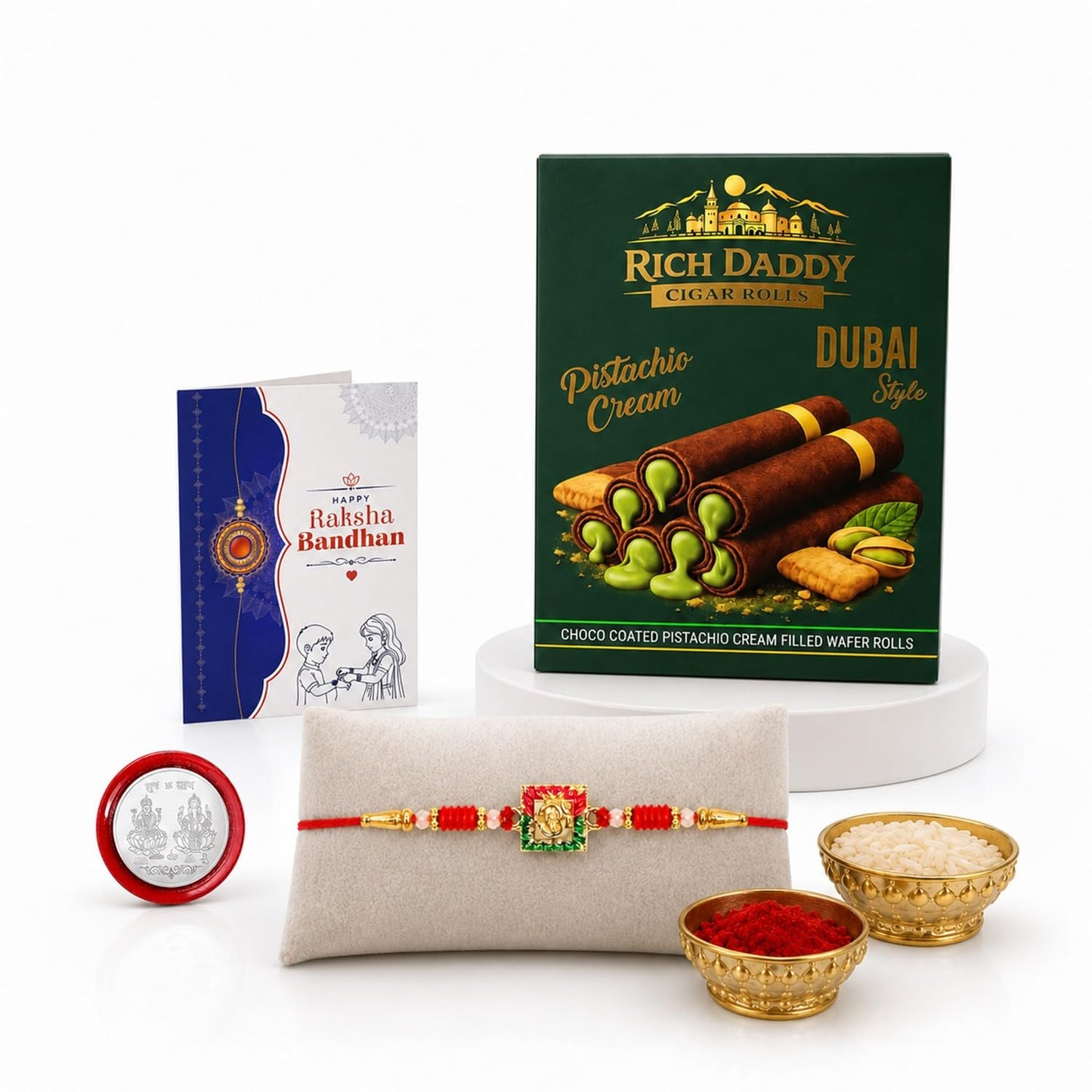Deity Rakhi for Brother with Pistachio Wafer Rolls, Roli Tikka & Card, Pack of 5