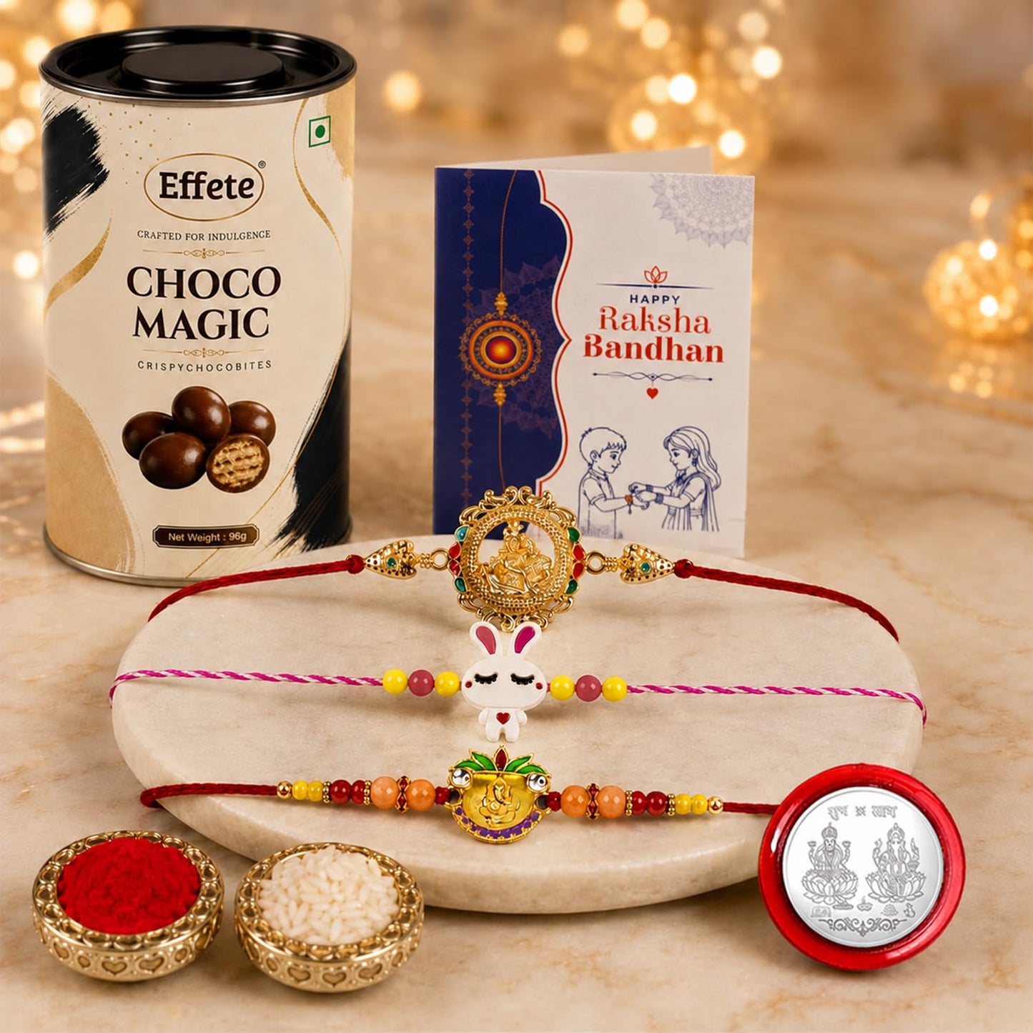 Deity Rakhi for Brother with Choco Magic 96gm, Coin & Card, Pack of 7 | Trendy