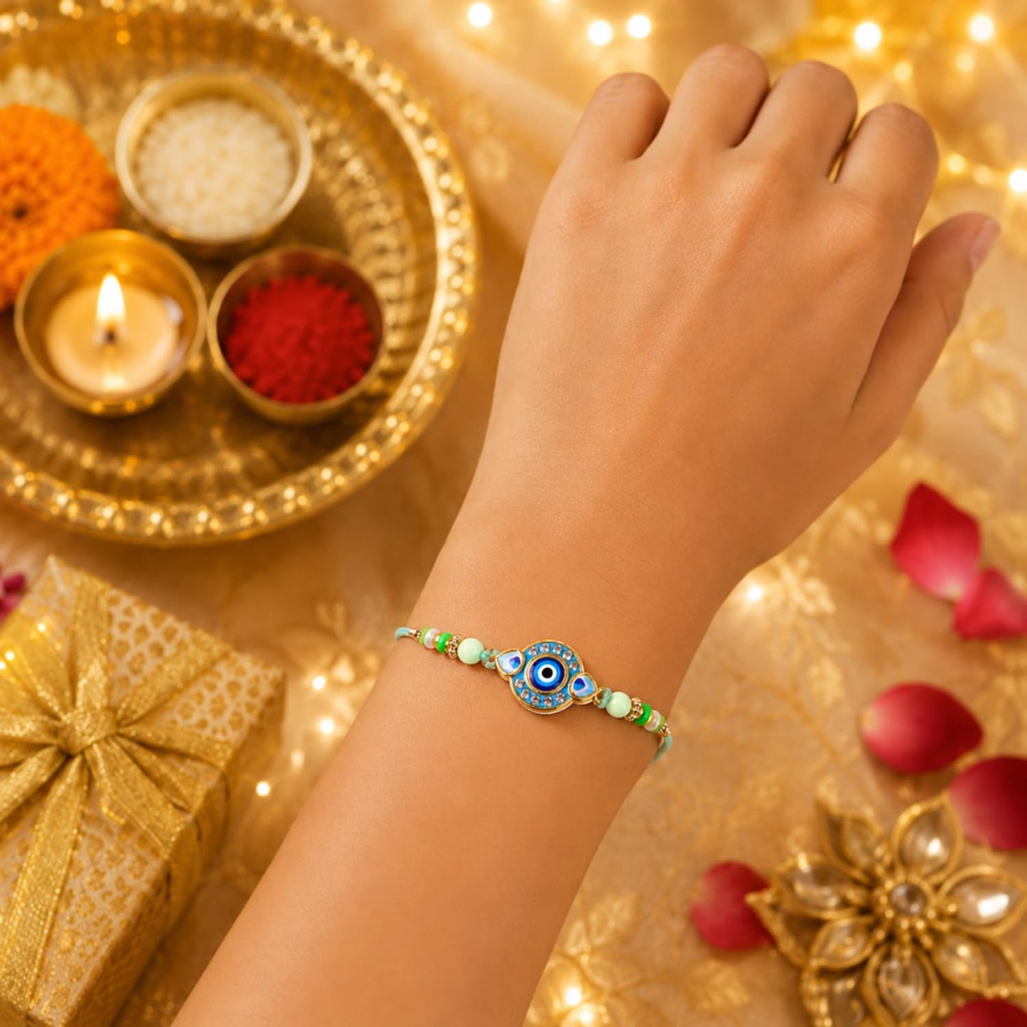 Elegant Handcrafted Multicolor Rakhi for Brother with Roli Tikka, Pack of 5