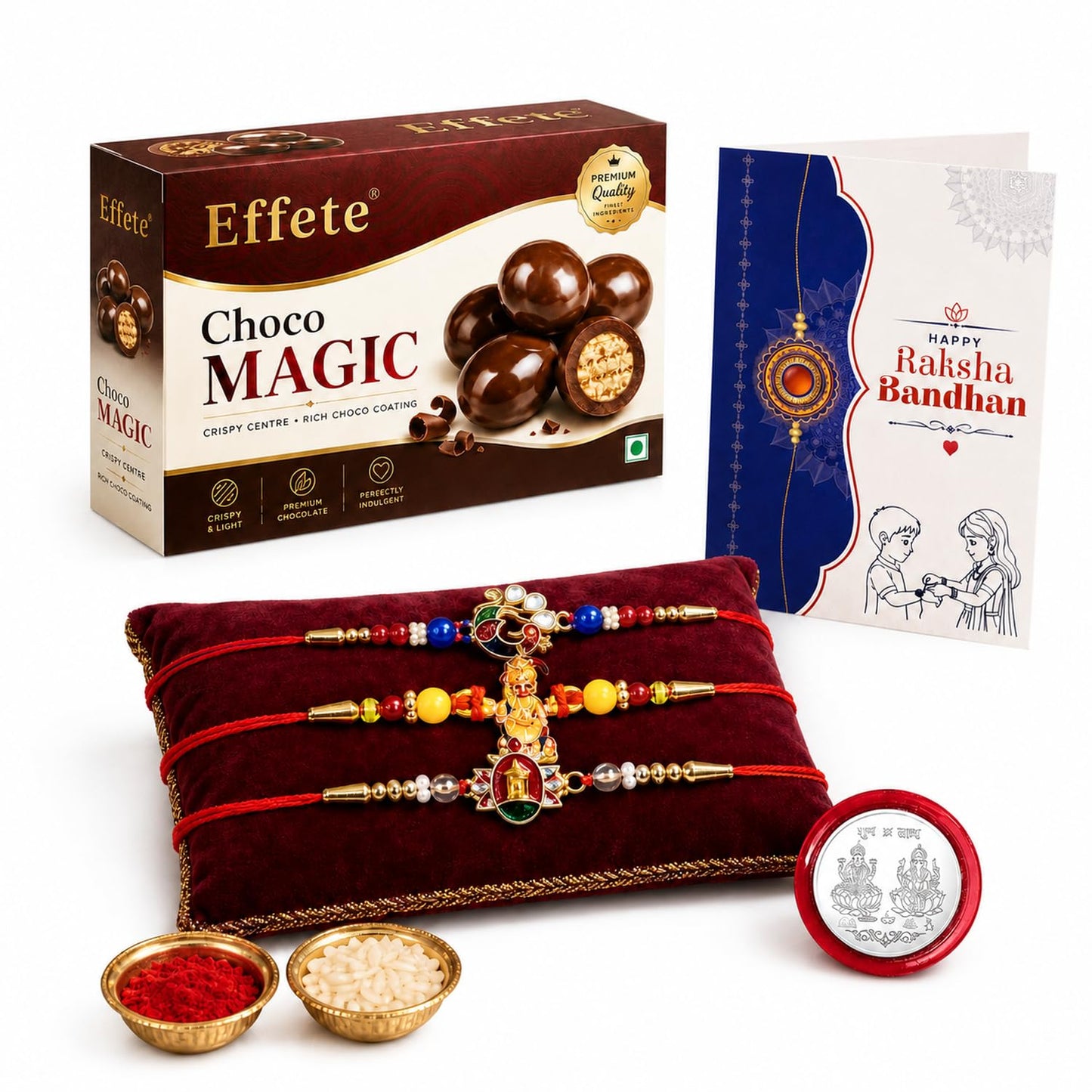 Rakhi with Chocolate for Brother (Set of 7) – Raksha Bandhan Festival Celebration Pack with Hanuma, Oval & Peacock Shape Rakhi, Chocolate, Roli Chawal, Silver Color Coin & Greeting Card