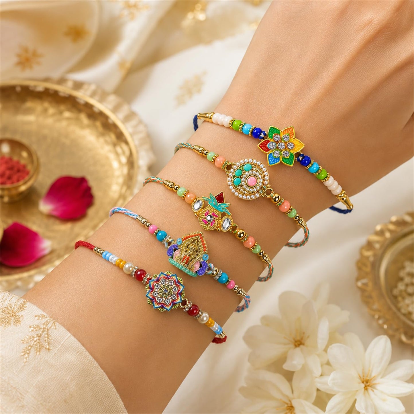 Handcrafted Artistic Rakhi for Brother with Roli Tikka & Greeting Card, Pack of 8