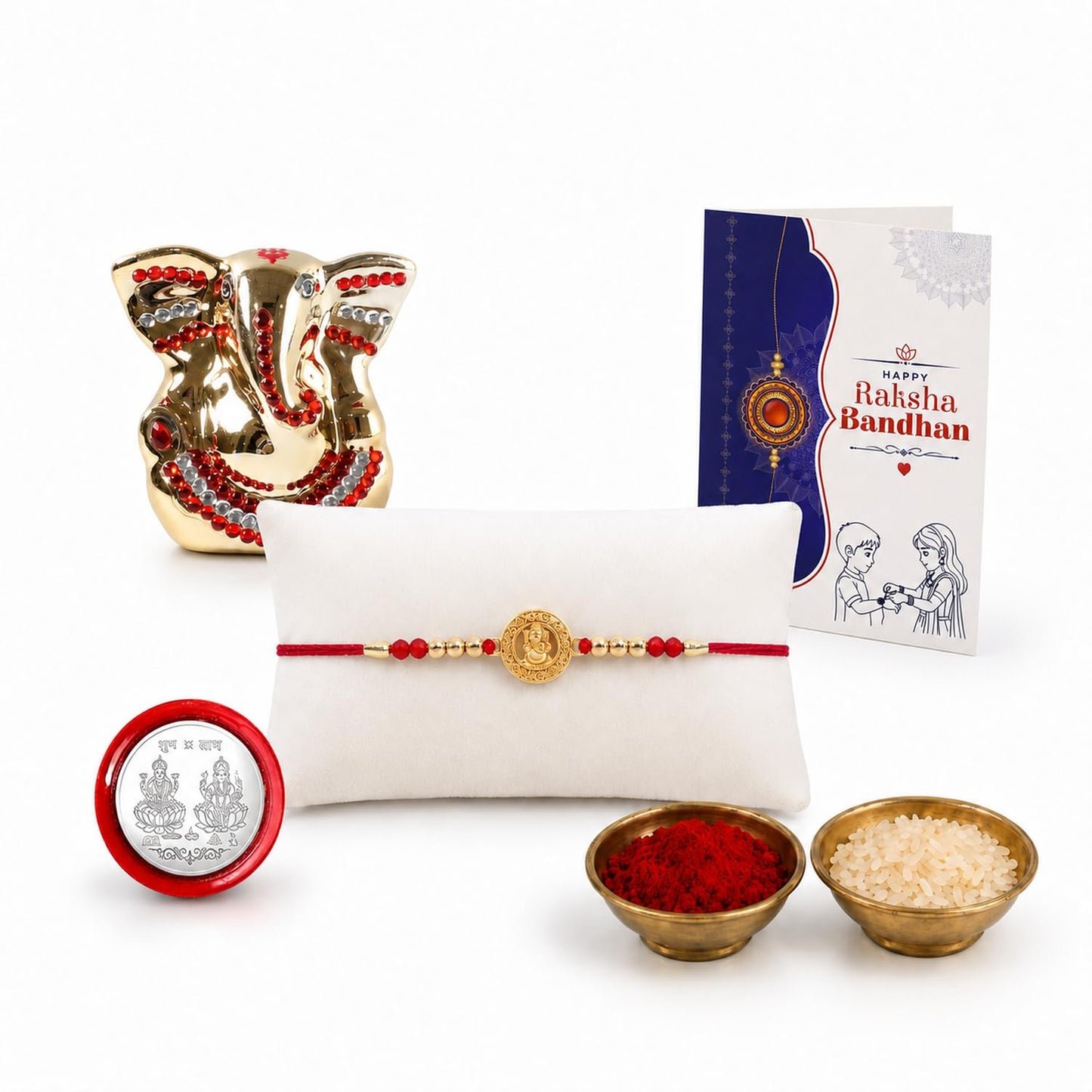 Rakhi for Brother – Ganesh Idol Beautiful Rakhi with Silver Color Pooja Coin
