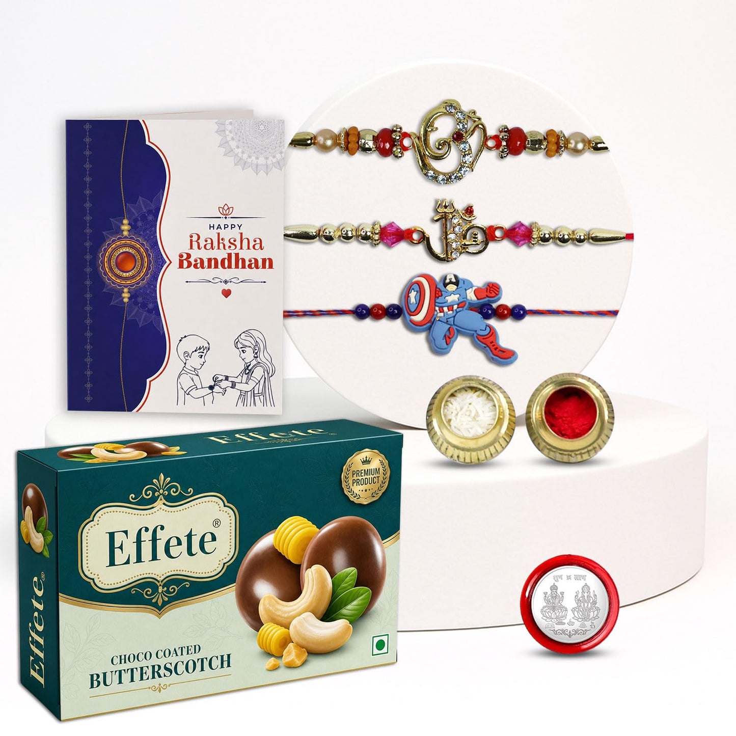 Ganesh Charm Rakhi for Brother with Butter Scotch 32gm, Coin & Card, Pack of 7