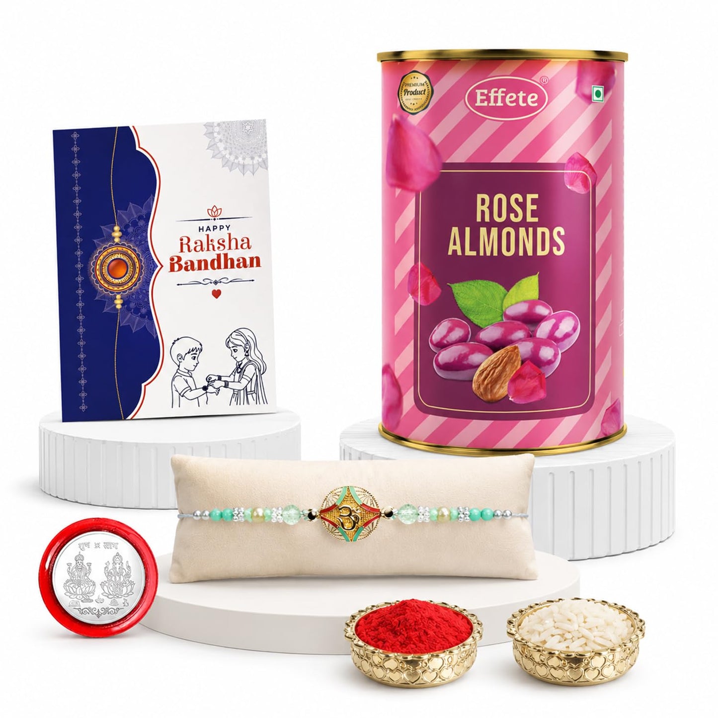 Multicolor Om Rakhi & Rose Almond 96gm with Roli Chawal, Silver Color Pooja Coin & Greeting Card, Rakhi with chocolate, Rakshbandhan Combo, Pack of 5 For Raksha Bandhan